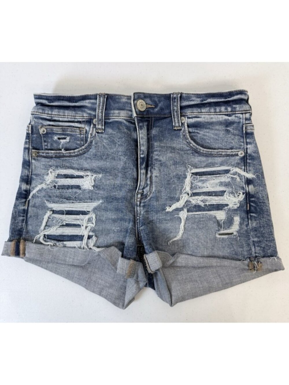 American Eagle Hi-Rise Shortie Women's Blue Denim Stretch Cuffed Shorts Size 8
